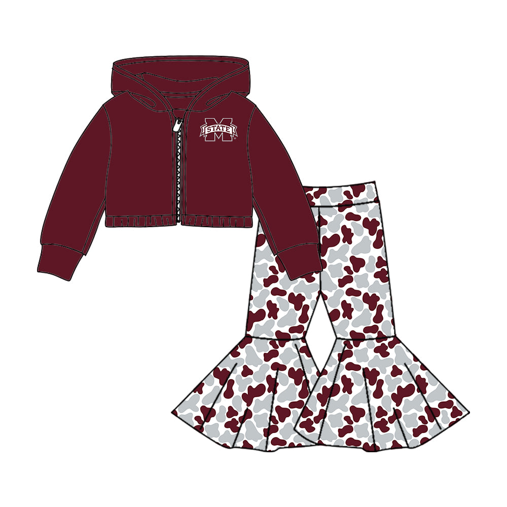 Custom moq 5 mix size milk silk summer teams baby girls clothes camouflage brick red hooded long sleeve pants sets 2 and boy pants sets and pant-25.8.7