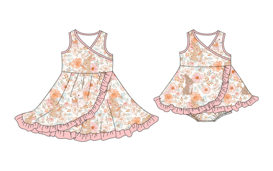 25.10.13 custom each style moq 5 eta 6-8week Sibling Sisters bunny floral baby girl short sleeve dress and romper match family design
