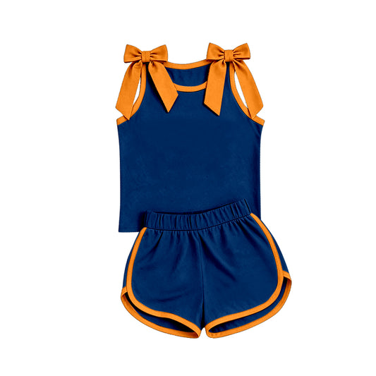 custom moq 5 mix size Baby Girls Yellow Bow Sleeveless Navy Blue Top Shorts Team Athletic Set