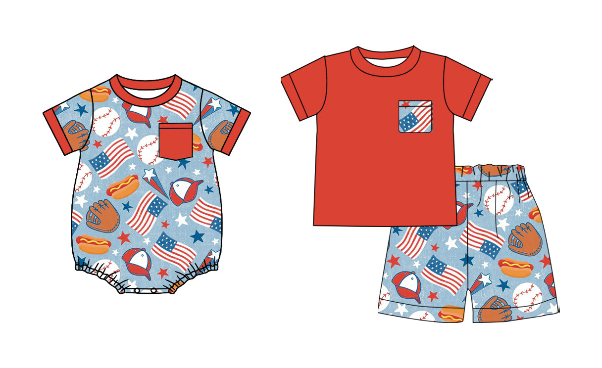 2.27   Custom moq 5 mix size Sibling Baby Boys 4th of July Romper Red Short-Sleeved Top And Shorts Set for Infants