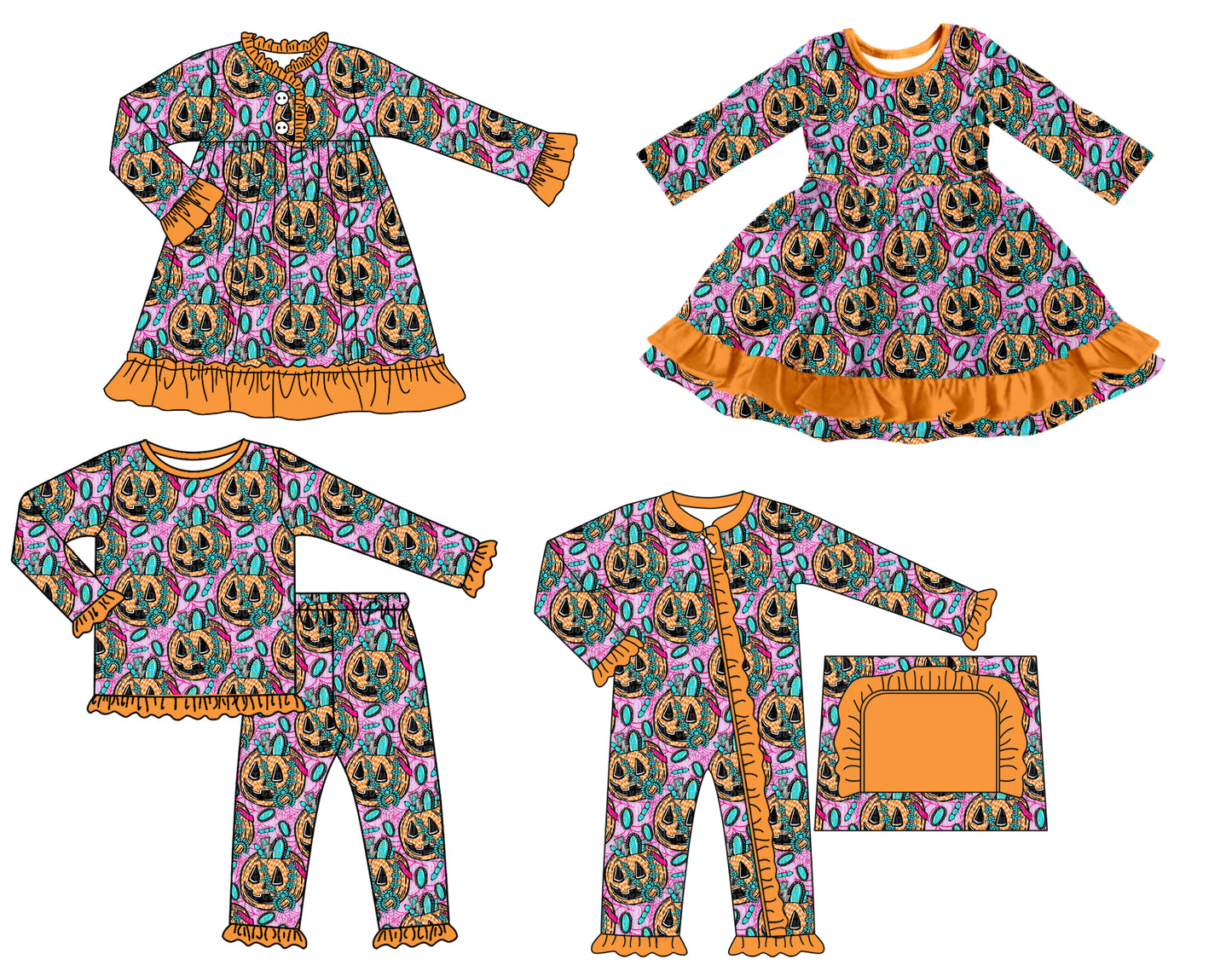 25.7.7 custom each style moq 5 eta 4-6week Sibling Sisters pumpkin baby girl long sleeve pants sets and romper and dress 1 and dress 2 match family design