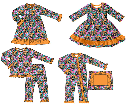 25.7.7 custom each style moq 5 eta 4-6week Sibling Sisters pumpkin baby girl long sleeve pants sets and romper and dress 1 and dress 2 match family design