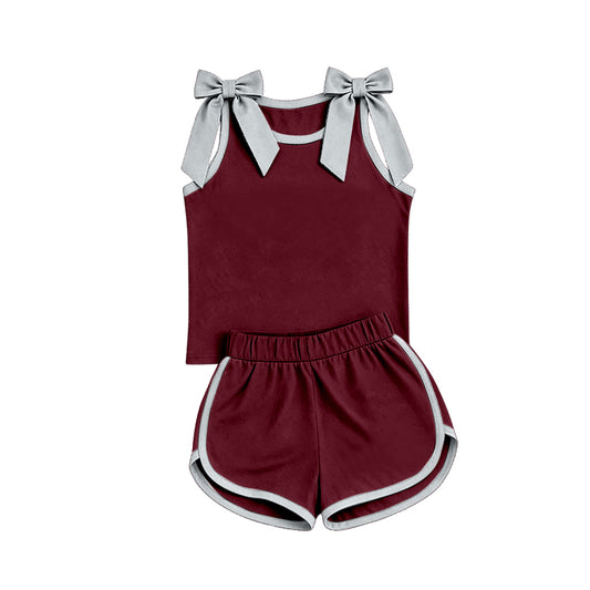 custom moq 5 mix size Baby Girls Grey Bow Dark Red Sleeveless Top Shorts Clothes Set