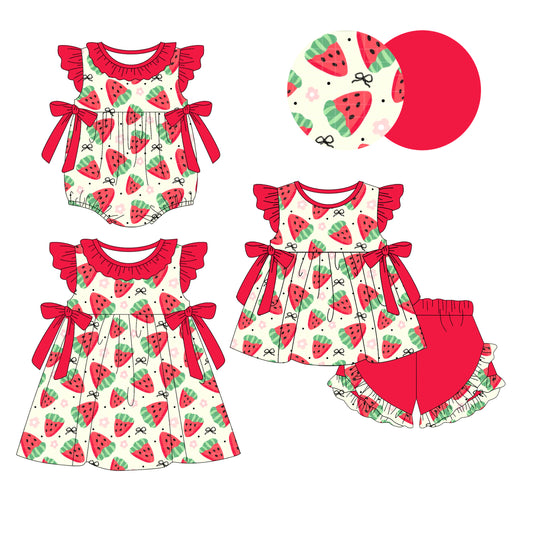 4.3 custom each style moq 5eta 4-6week Sibling Sisters watermelon bow baby girl short sleeve shorts sets and dress and rompers match family design