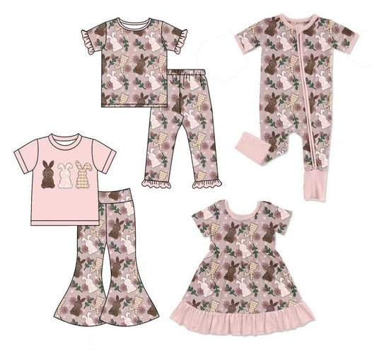 25.12.13 custom each style moq 5 eta 6-8week Sibling Sisters bunny baby girl short sleeve pants sets 2 and dress and rompers match family design