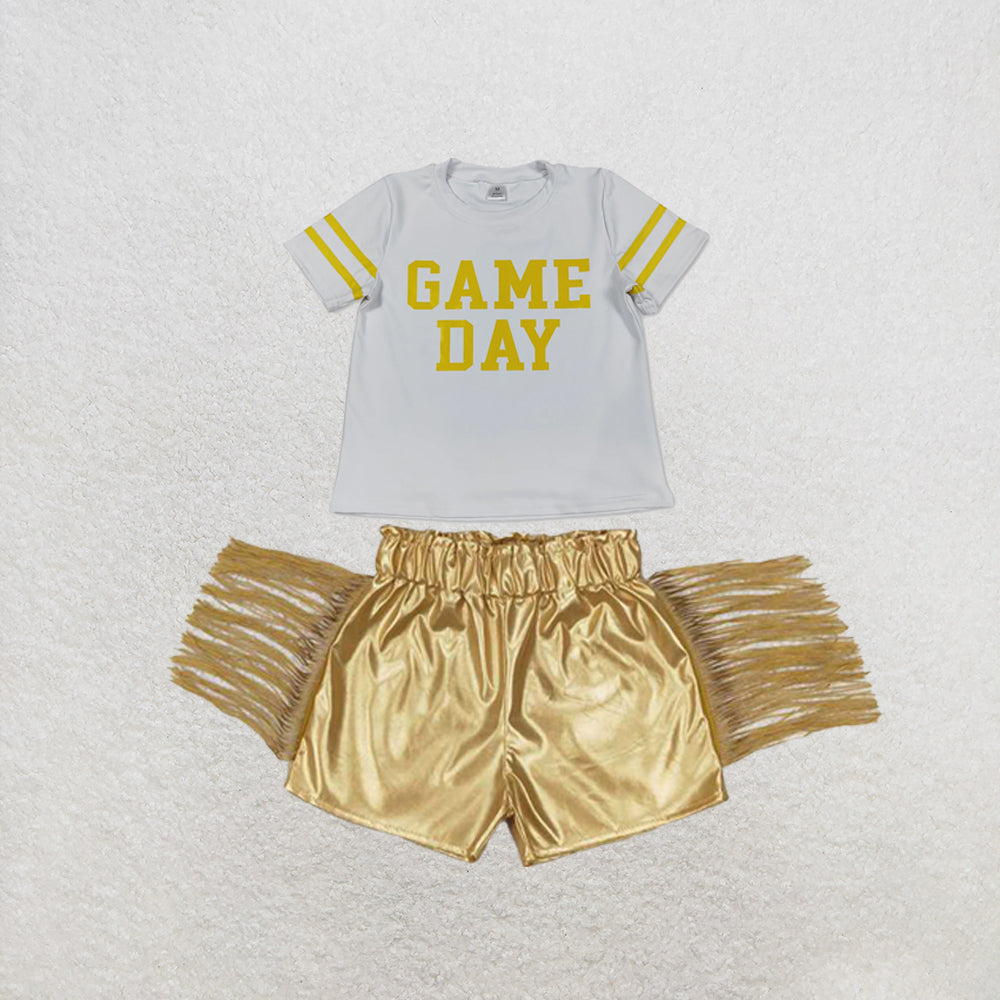 RTS NO MOQ Sibling yoga fabric Baby Girls Yellow Vinyl Game Day Print Top Shorts Two Piece Team Active Clothes Set