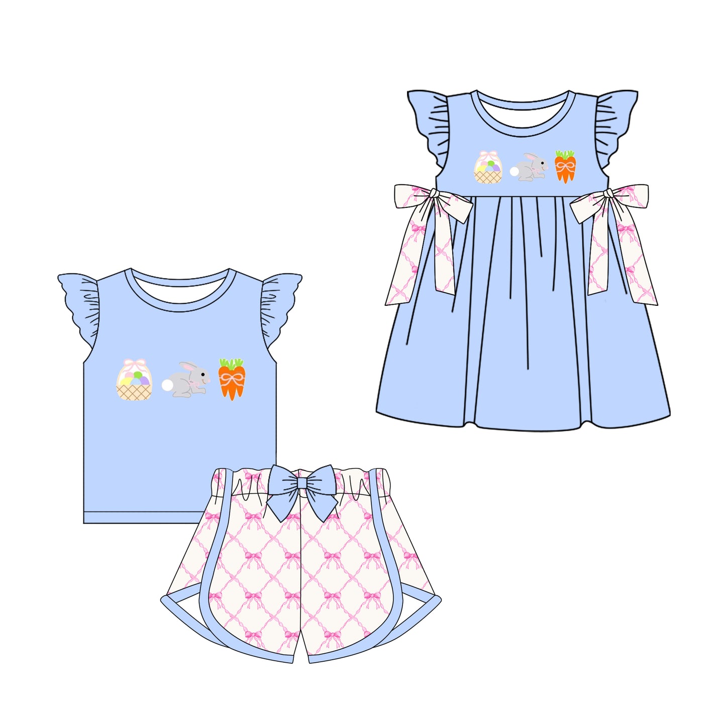11.14 custom each style moq 5eta 4-6week Sibling Sister easter baby girl short sleeve shorts sets and briefs sets and dresses match design