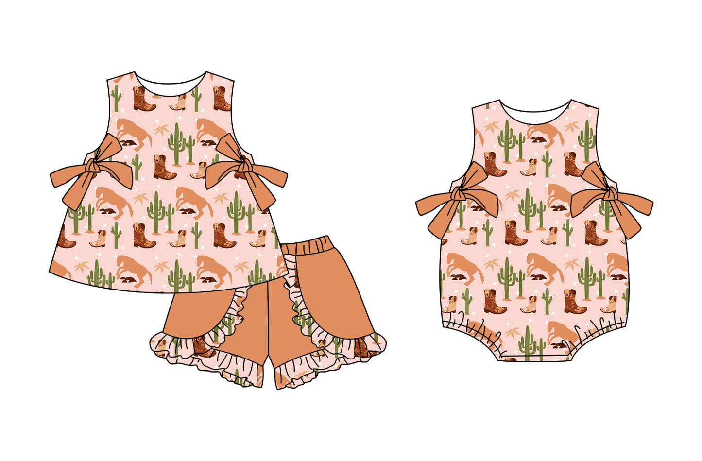 3.3 custom each style moq 5eta 4-6week Sibling Sister catcus boot baby girl short sleeve shorts sets and romper match design