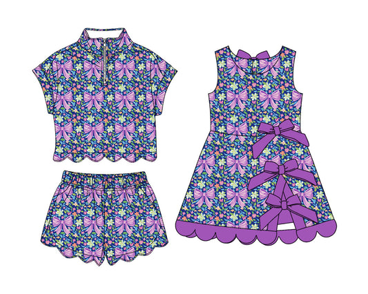 3.17 Custom moq 5 mix size Sibling Baby Girls Purple Bows Zipper Top Short Scallop Sets Yoga Dress Outfit