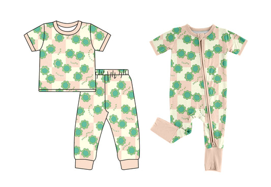 12.7 custom each style moq 5eta 4-6week Sibling Sister green baby girls short sleeve sets and rompers match design
