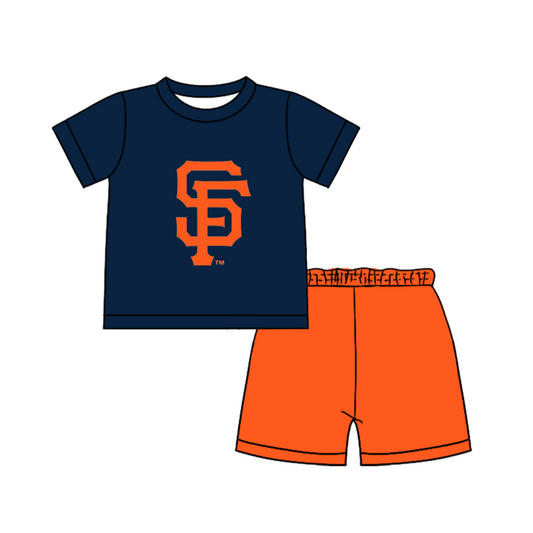 Custom moq 5 mix size milk silk summer teams Baby Boy's Navy blue  Short-Sleeved O-Neck Top And solid color Shorts Set