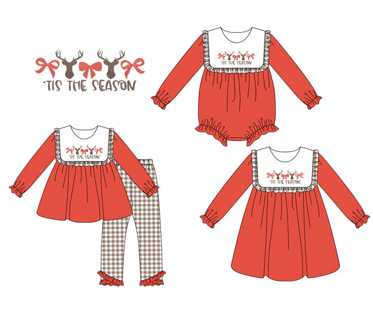 25.6.5 custom each style moq 5eta 4-6week Sibling Sisters Christmas bow baby girl long sleeve pants sets and dress and rompers match family design