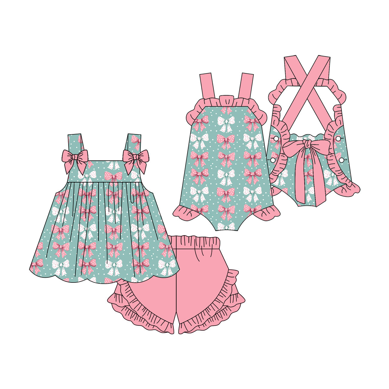 3.19 Custom moq 5 mix size Sibling Baby Girl's Bows Sleeveless Top And Ruffle Short Set Cute Romper for Summer