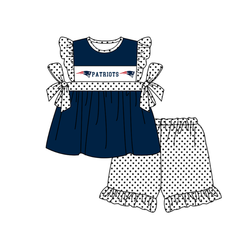 Custom moq 5 mix size milk silk summer teams baby girl boys clothes Navy blue short sleeve shorts sets 2  and dress and rompers 2 series