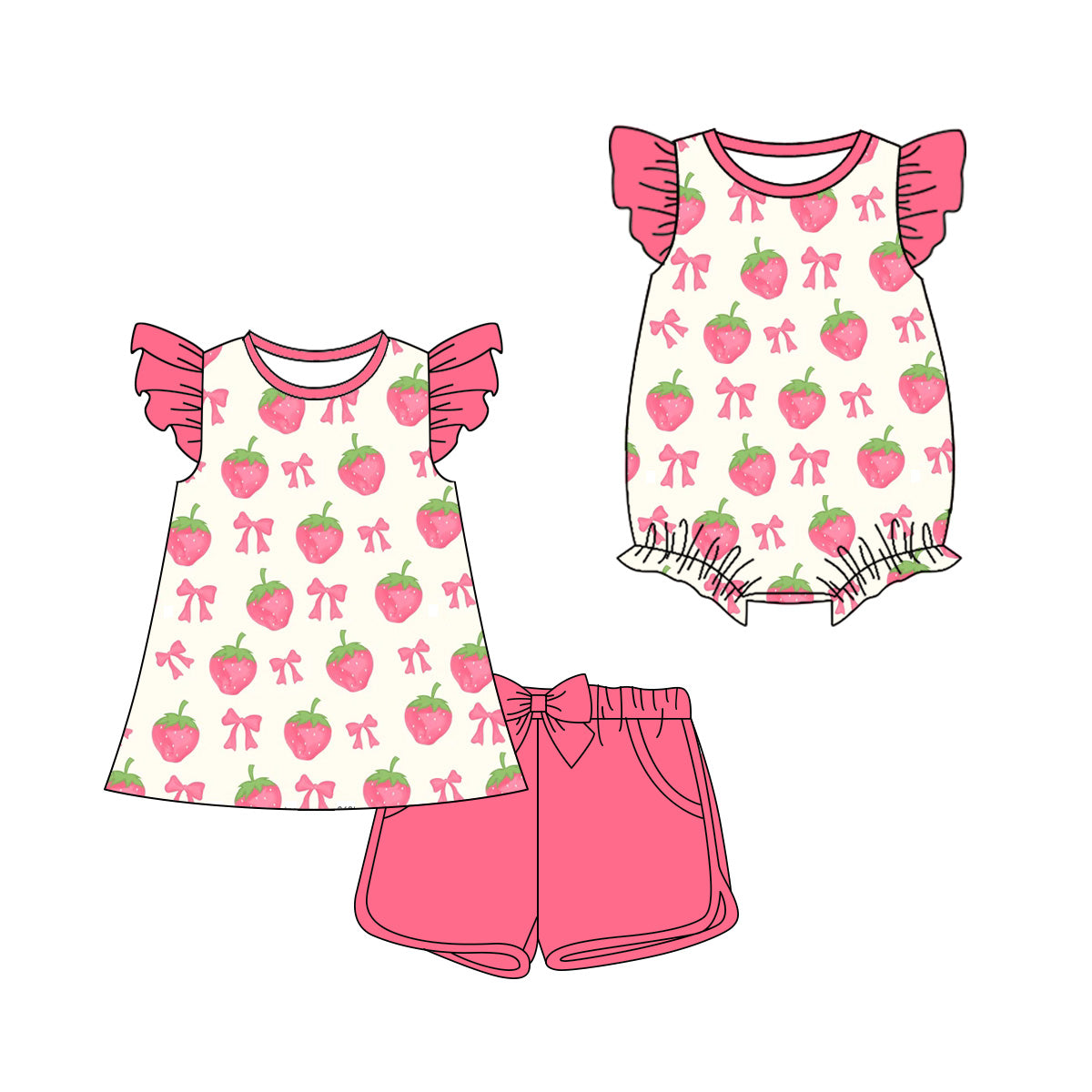 3.21 Custom moq 5 mix size Sibling Cute Clothes Baby Girl's Bows Flutter Sleeve Top And Short Set Matching Romper for Summer