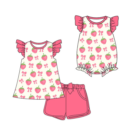 3.21 Custom moq 5 mix size Sibling Cute Clothes Baby Girl's Bows Flutter Sleeve Top And Short Set Matching Romper for Summer