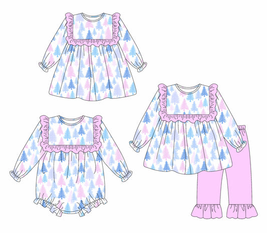 25.5.16 custom each style moq 5eta 4-6week Sibling Sisters Christmas trees baby girl long sleeve pants sets and dress and rompers match family design