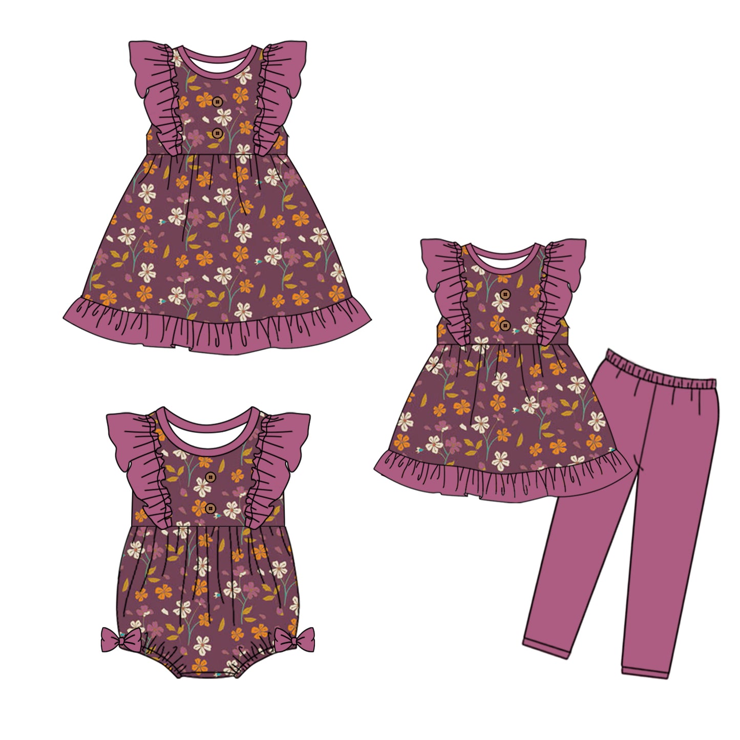 5.1 custom each style moq 5eta 4-6week Sibling Sisters floral baby girl short sleeve pants sets and dress and rompers match family design