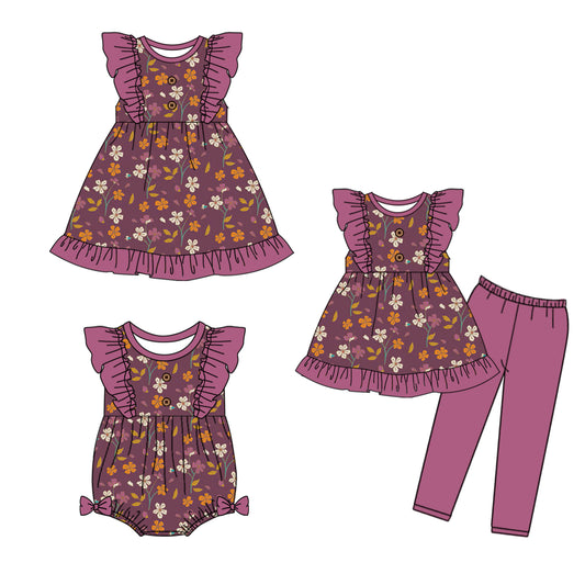 5.1 custom each style moq 5eta 4-6week Sibling Sisters floral baby girl short sleeve pants sets and dress and rompers match family design