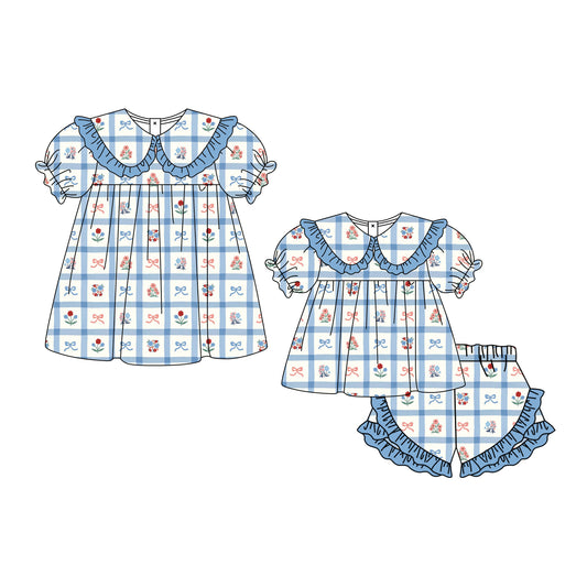 3.3 Custom moq 5 mix size Sibling Baby Girl's checkered flowers Short-Sleeved Top And Shorts Set Cute Dress for Summer