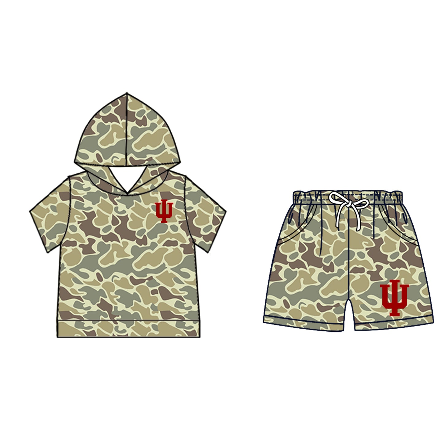 Custom moq 5 mix size milk silk summer teams Camo Hooded Short Sleeve Top Shorts Set Ice Cream Drips Red Hooded Top with Matching Shorts For Kids