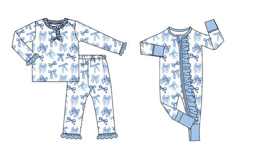 25.8.30 custom each style moq 5eta 4-6week Sibling Sisters bow blue baby girl clothes long sleeve pants sets and romper match family design