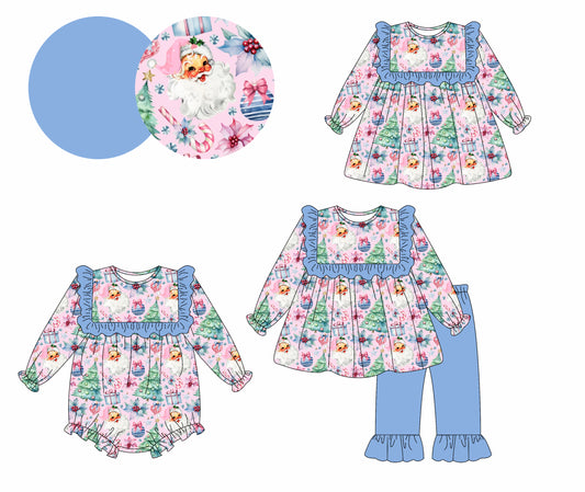 25.6.3 custom each style moq 5eta 4-6week Sibling Sisters Christmas bow blue baby girl long sleeve pants sets and dress and rompers match family design
