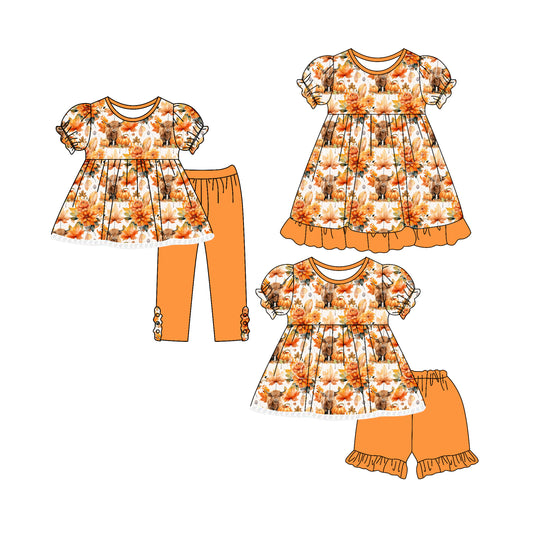 4.26 custom each style moq 5eta 4-6week Sibling Sisters alpine pumpkin baby girl short sleeve shorts sets and pants sets and dress match family design