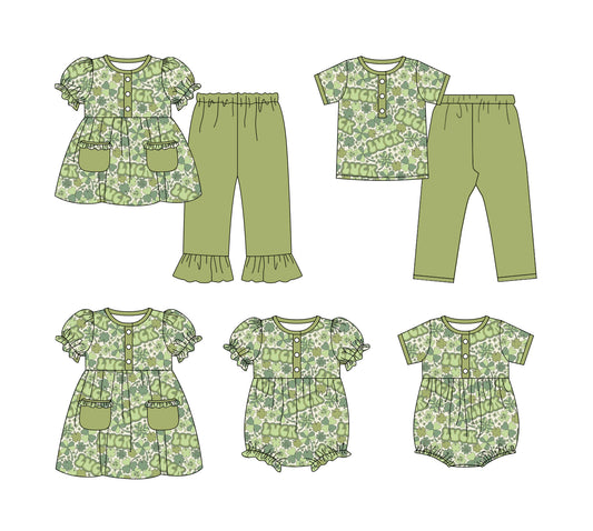 25.9.13 custom each style moq 5eta 6-8week Sibling Sister LUCK baby short sleeve pants sets 2 and romper 2 and dress match design