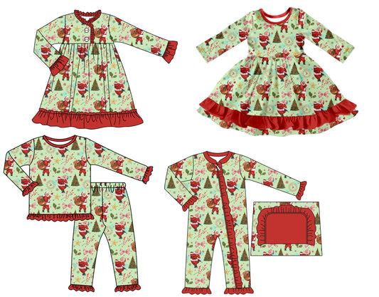 25.7.19 custom each style moq 5 eta 4-6week Sibling Sisters Christmas baby girl long sleeve pants sets and romper and dress 1 and dress 2 match family design