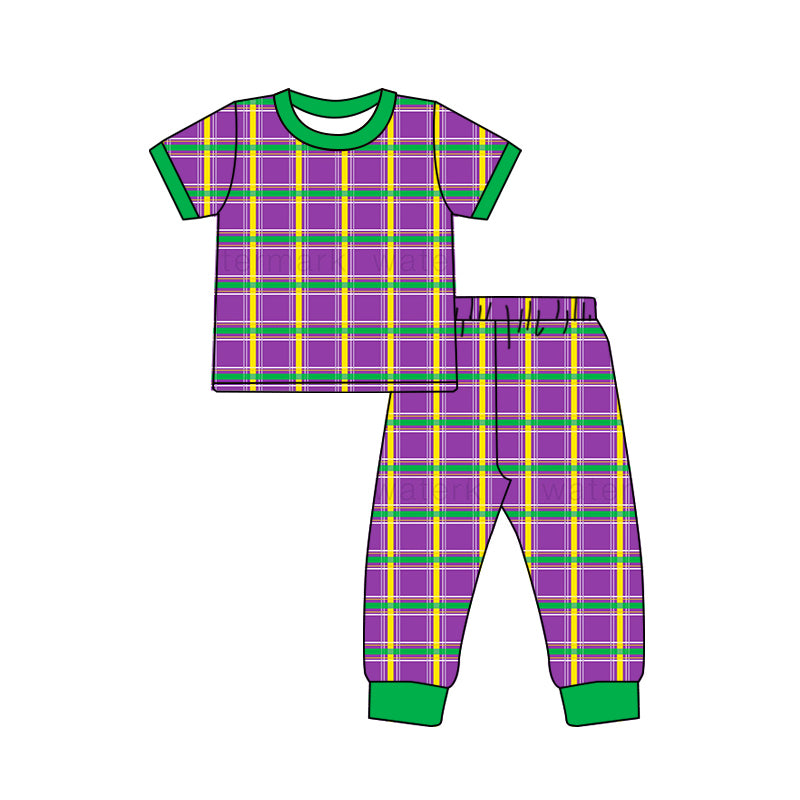 7.23 custom each style moq 5eta 4-6week Sibling Sister mari gras purple plaid baby boys short sleeve sets and rompers match family design