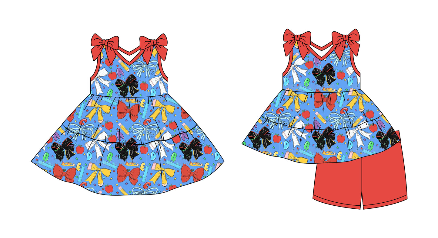 2.27 custom each style moq 5eta 4-6week Sibling Sister bow pencil baby girl short sleeve shorts sets and dresses match design