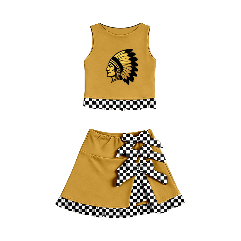 custom moq 5 mix size MSD070704 Baby Girls Summer Vest Checked Bow Scallop Edge Skort Yoga Active Clothes Set