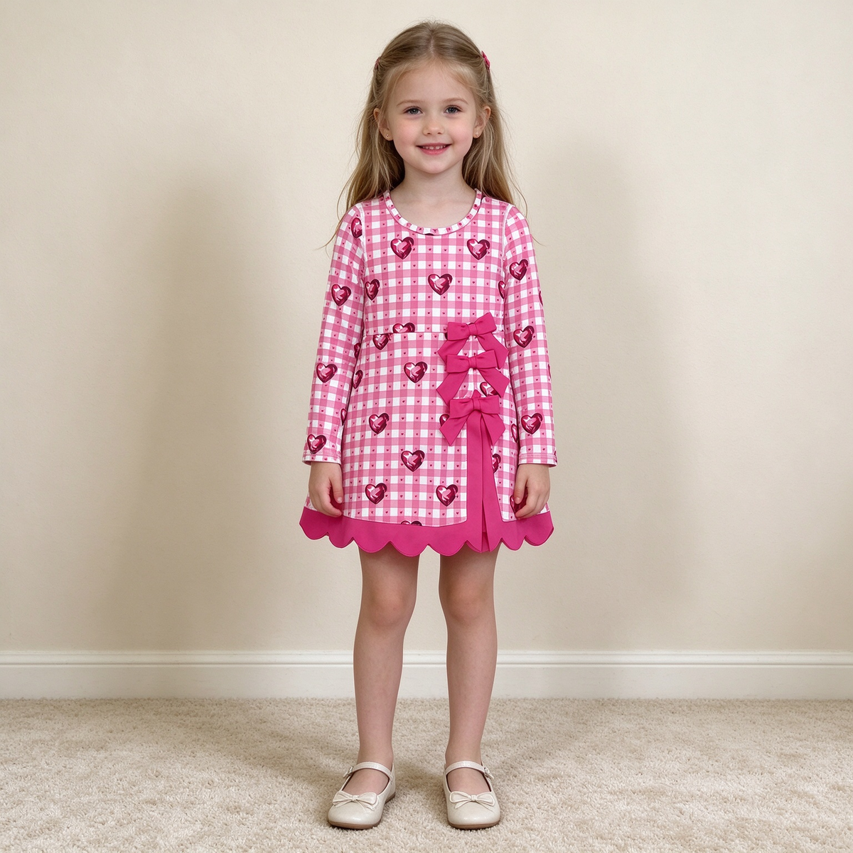 NEW RTS NO MOQ yoga fabric GLD1750 Yoga Baby Girls Valentines Day Long Sleeve Dress Checked Heart Print Bow Ruffle Hem Yoga Dress