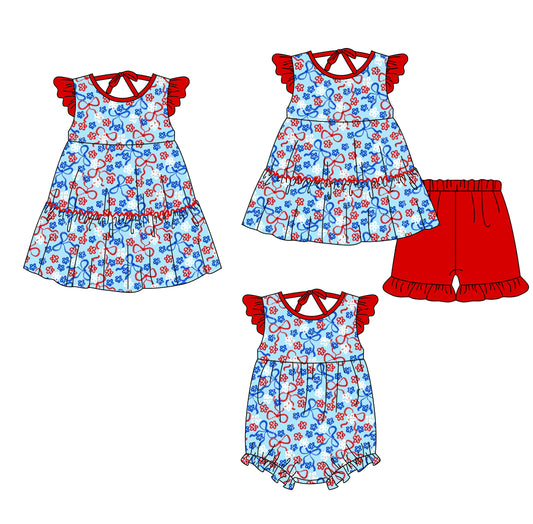 3.20 Custom moq 5 mix size Sibling Baby Girl's Flutter Sleeve Top And Red Shorts Set Cute Romper Dress for Summer