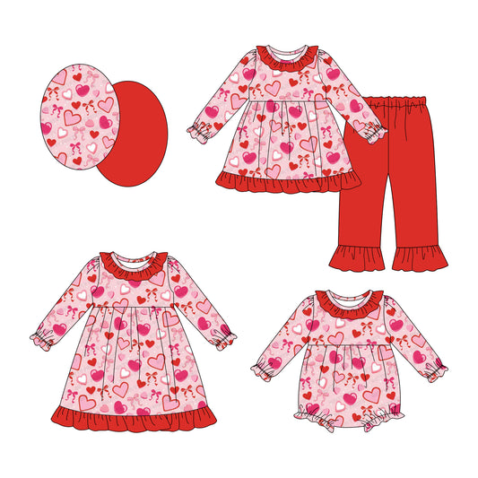 25.10.10 custom each style moq 5 eta 6-8week Sibling Sisters bow love baby girl long sleeve pants sets and dress and rompers match family design