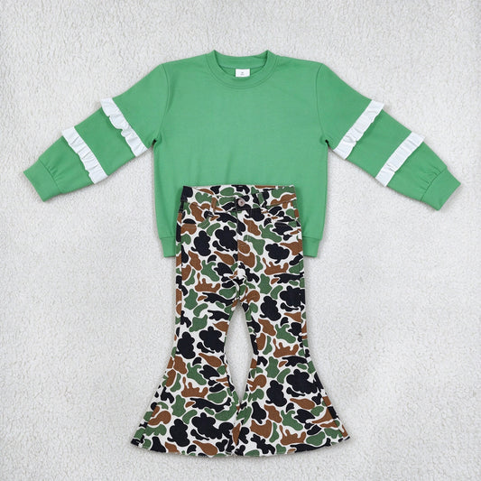 NEW RTS NO MOQ Denim GT1858+ P0582 Baby Girls Green White Patchwork Long Sleeve T-shirts Top Brown Camo Fall Bell Flare Denim Pants Sets