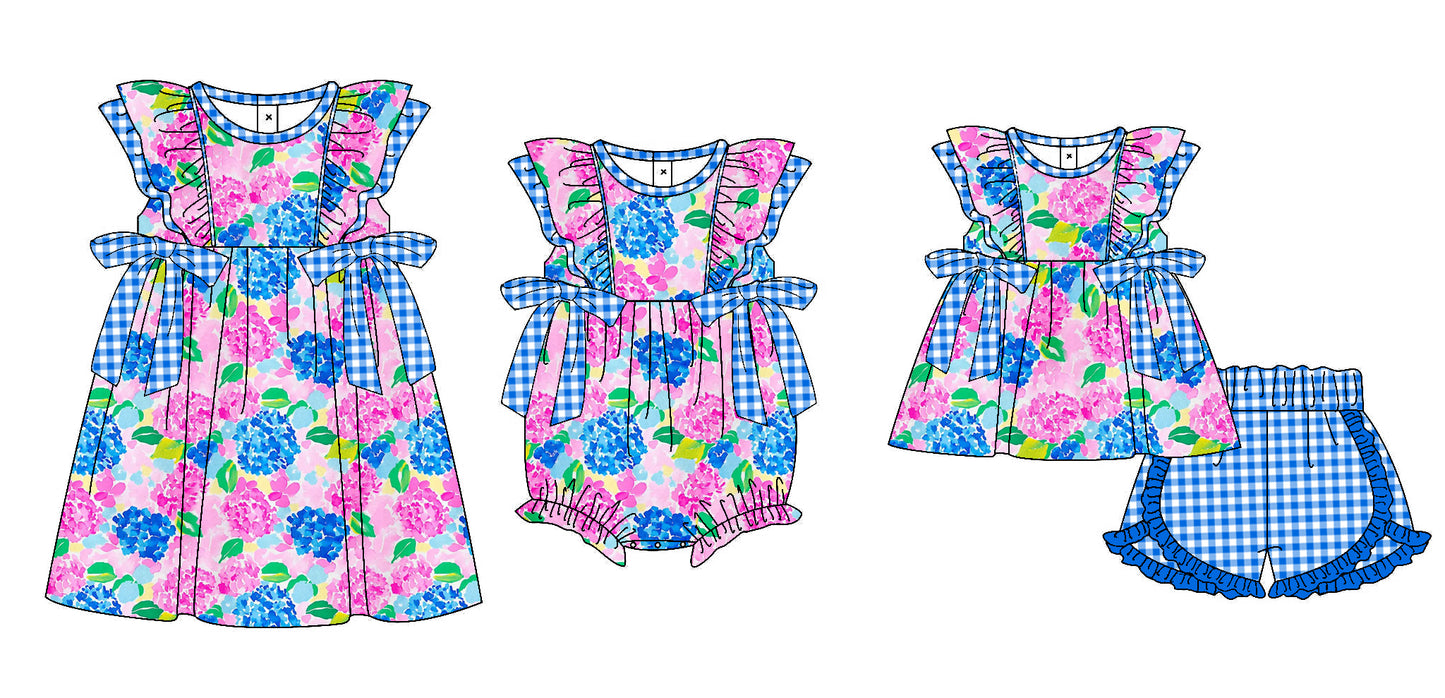 11.9 custom each style moq 5eta 4-6week Sibling Sister floral blue baby girl short sleeve shorts sets and dress and rompers match family design