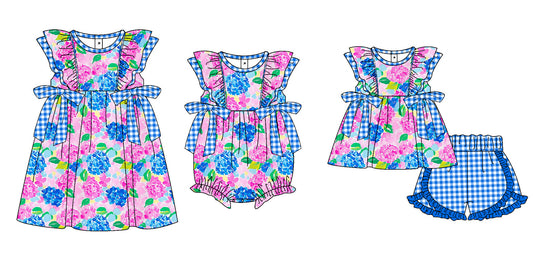 11.9 custom each style moq 5eta 4-6week Sibling Sister floral blue baby girl short sleeve shorts sets and dress and rompers match family design