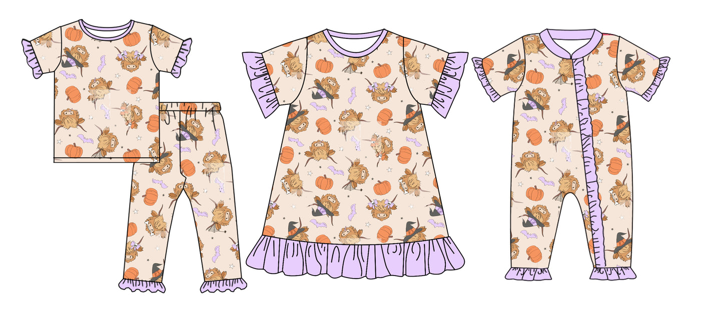 4.25 custom each style moq 5eta 4-6week Sibling Sisters pumpkin alpine bull head baby girl short sleeve pants sets and dress and rompers match family design