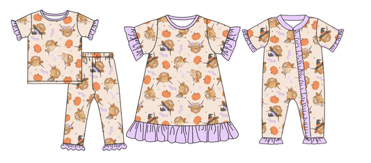 4.25 custom each style moq 5eta 4-6week Sibling Sisters pumpkin alpine bull head baby girl short sleeve pants sets and dress and rompers match family design