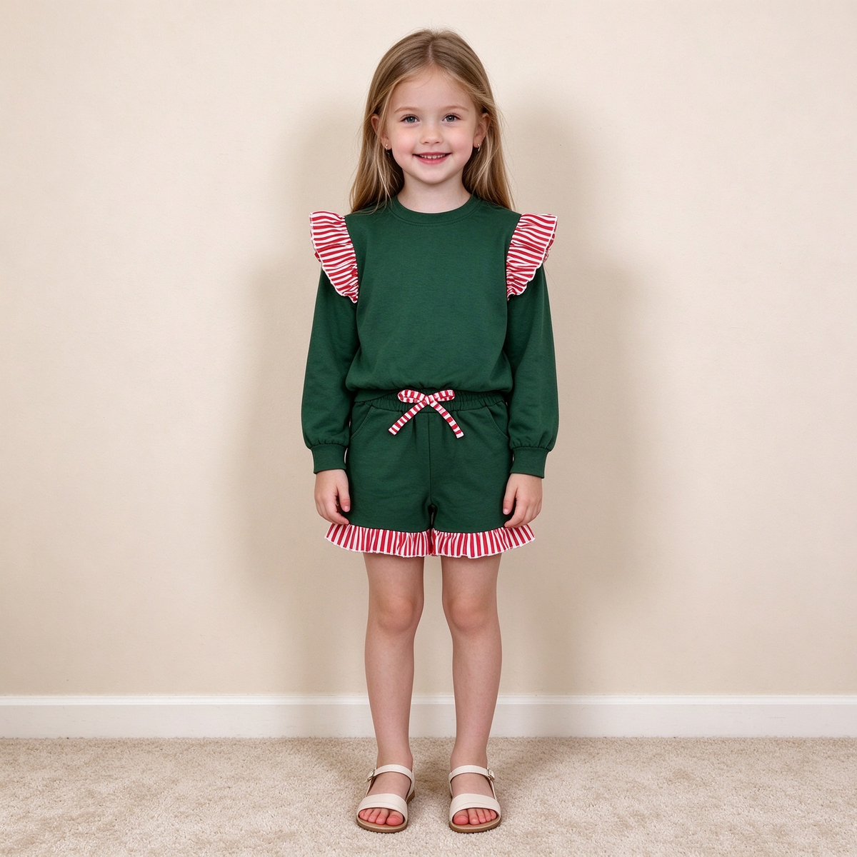 NEW RTS NO MOQ milk silk GLS0223（GT1850+SS1002）Baby Girls Green Red Stripe Flutter Sleeve Top Pockets Ruffle Short Set
