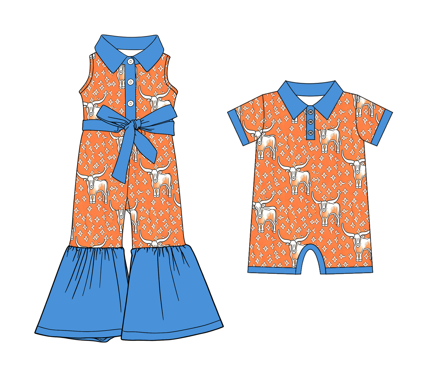 25.12.8 custom each style moq 5 eta 6-8week Sibling Sister cow head baby girl short sleeve romper and jumpsuit match design