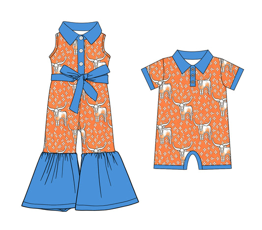 25.12.8 custom each style moq 5 eta 6-8week Sibling Sister cow head baby girl short sleeve romper and jumpsuit match design