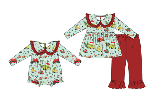 25.7.4 custom each style moq 5eta 4-6week Sibling Sisters Christmas cars baby girl long sleeve pants sets and rompers match family design