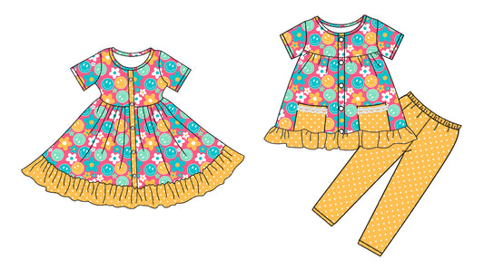 25.5.9 custom each style moq 5eta 4-6week Sibling Sister smiley floral baby girl pants sets and dress match family design