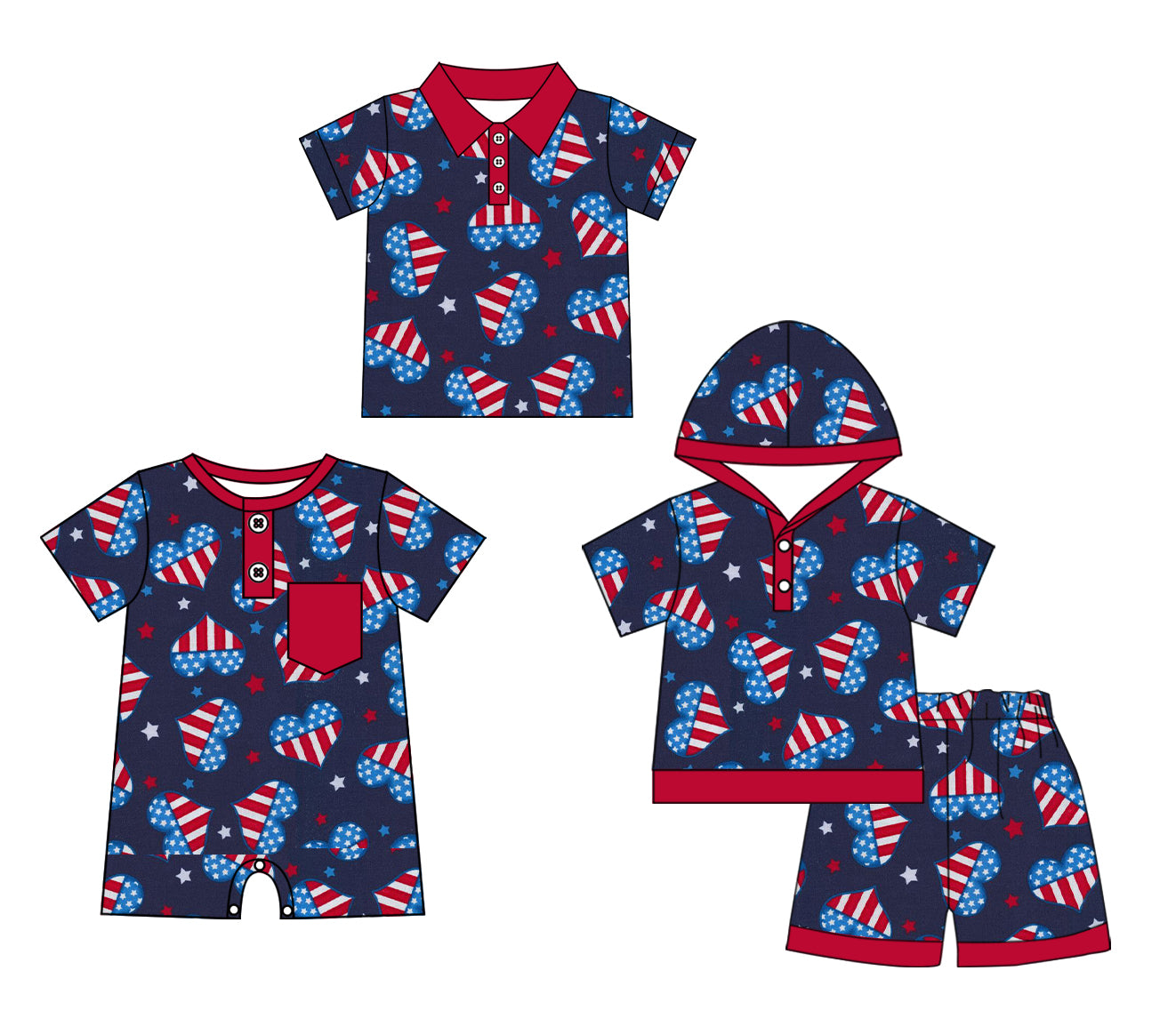 11.27 custom each style moq 5eta 4-6week Sibling Sister 4th of july love baby boy short sleeve shorts sets and boy romper and top match design