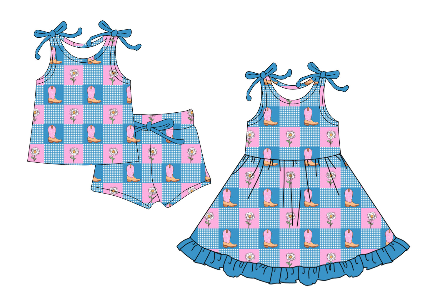 Custom moq 5 mix size Sibling Baby Girl's Blue Plaid Sleeveless Top And Shorts Set Dress Outfit for Infants