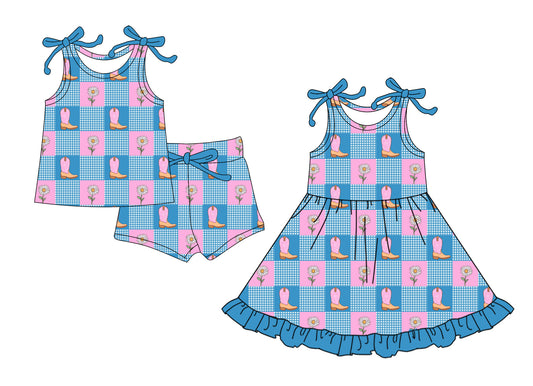 Custom moq 5 mix size Sibling Baby Girl's Blue Plaid Sleeveless Top And Shorts Set Dress Outfit for Infants