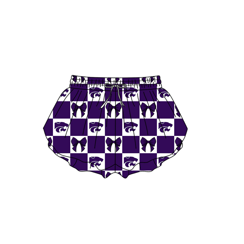 Custom moq 3 or 5 mix size milk silk summer teams baby girl clothes bow purple summer shorts-26.1.24